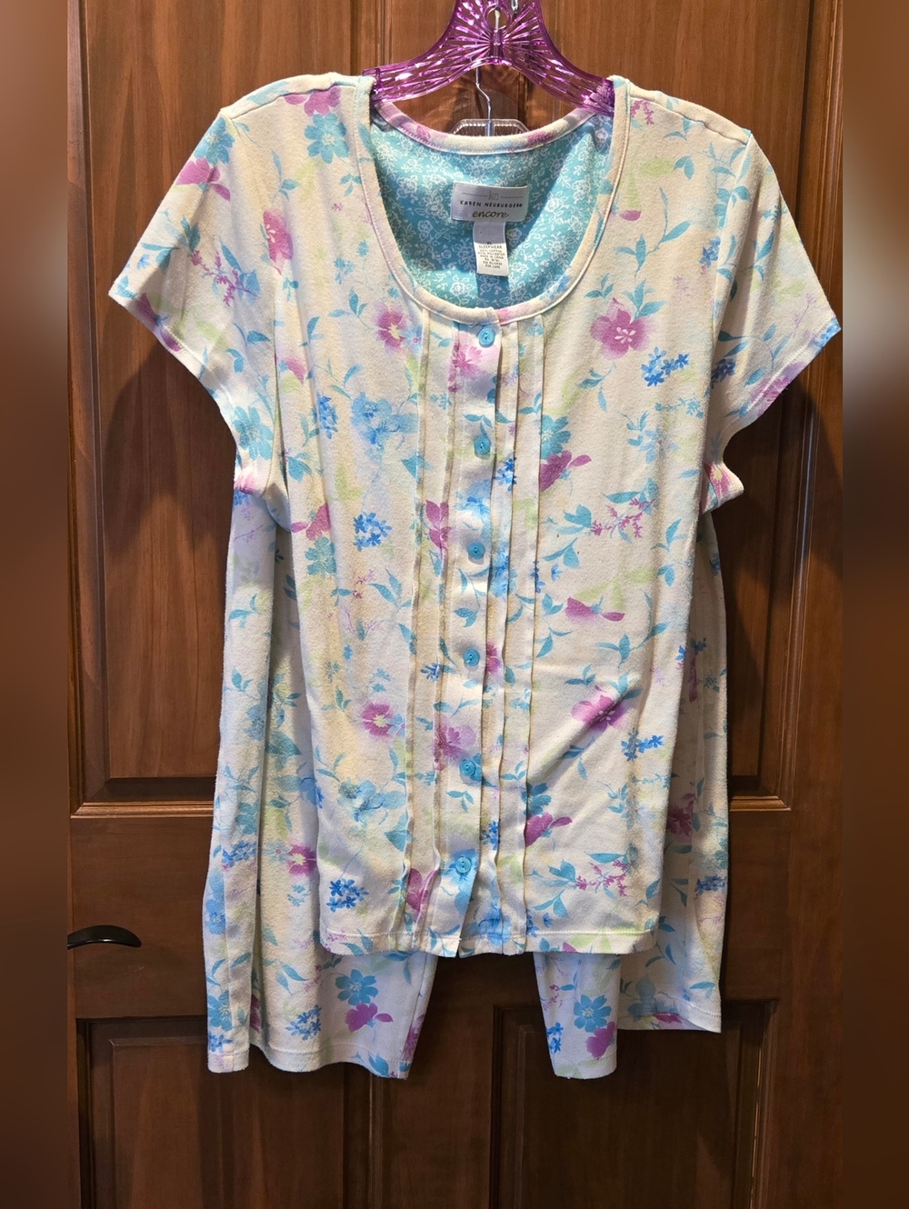Karen Neuburger Cream Floral Short Sleeve Pajama Set with Blue & Pink